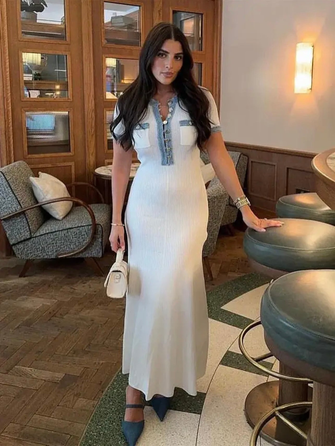 White -  beautiful casual short sleeves long dress with gold buttons - front