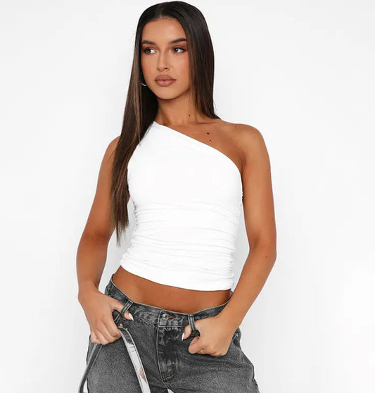 White - beautiful one shoulder crop top - front