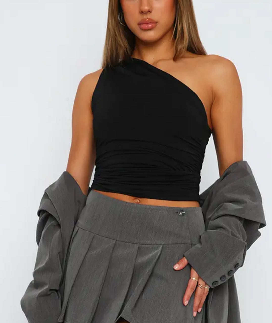 Black - beautiful one shoulder crop top - front