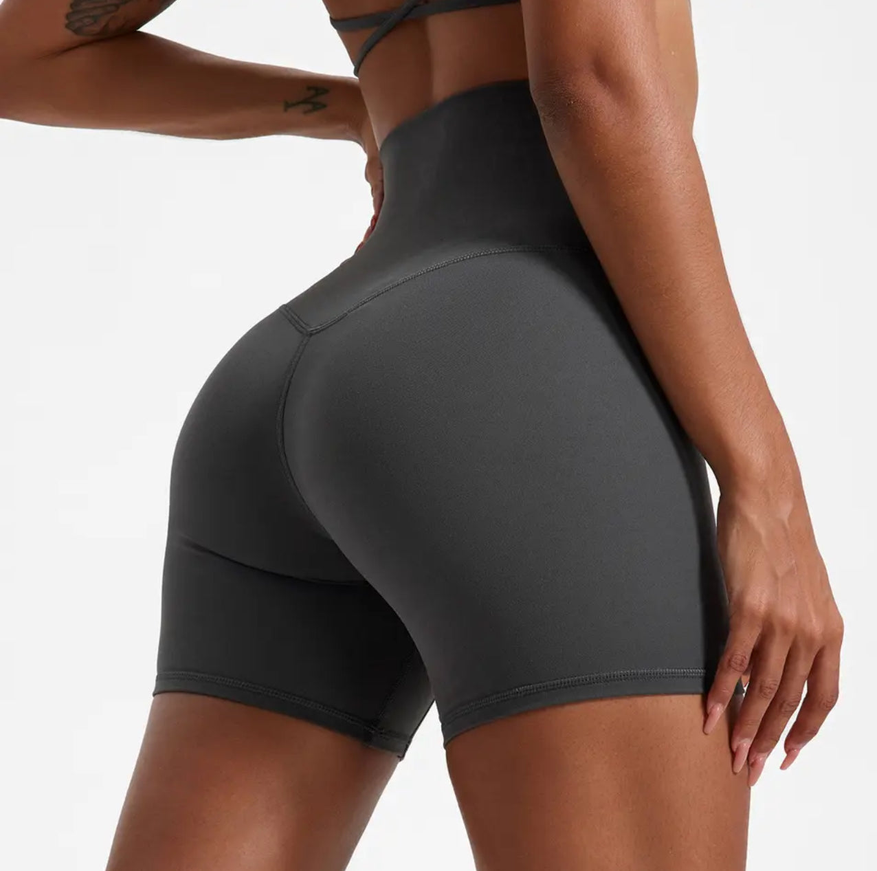 Gray - soft high-waist activewear shorts - back