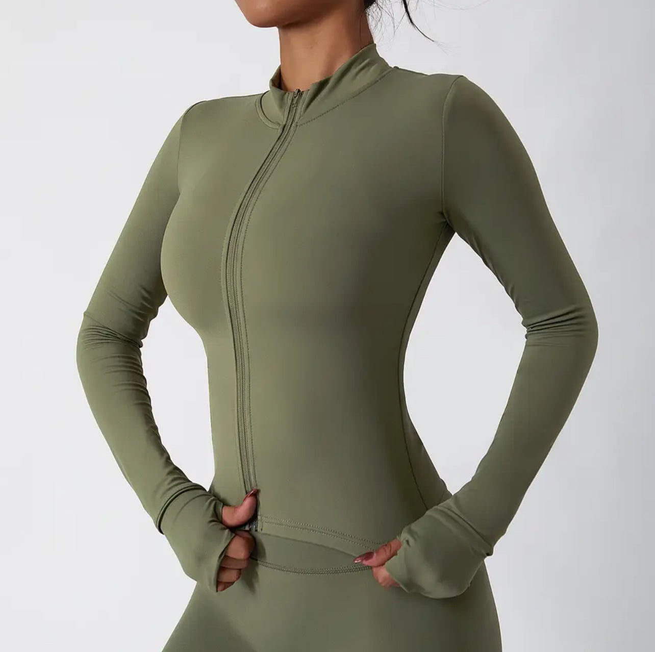 Green - fitted workout zip-up jacket - front