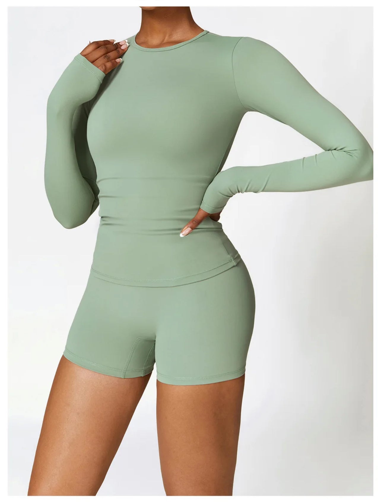 Green - beautiful long sleeves top and shorts activewear SET - front