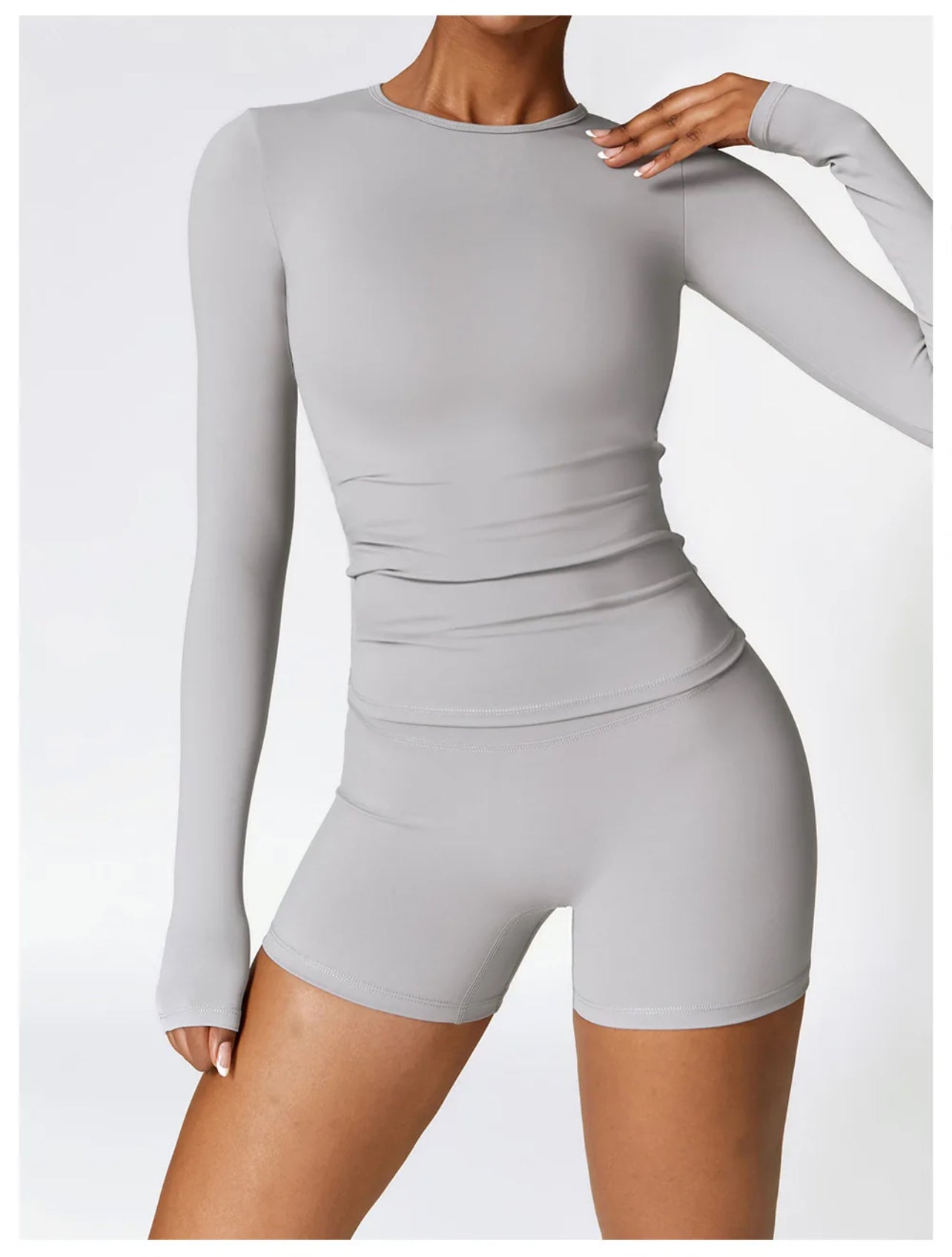 Gray - beautiful long sleeves top and shorts activewear SET - front