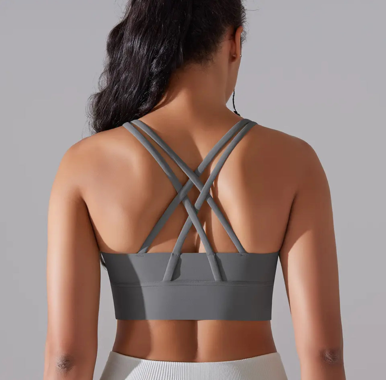 Gray comfy sports bra with back detail - back