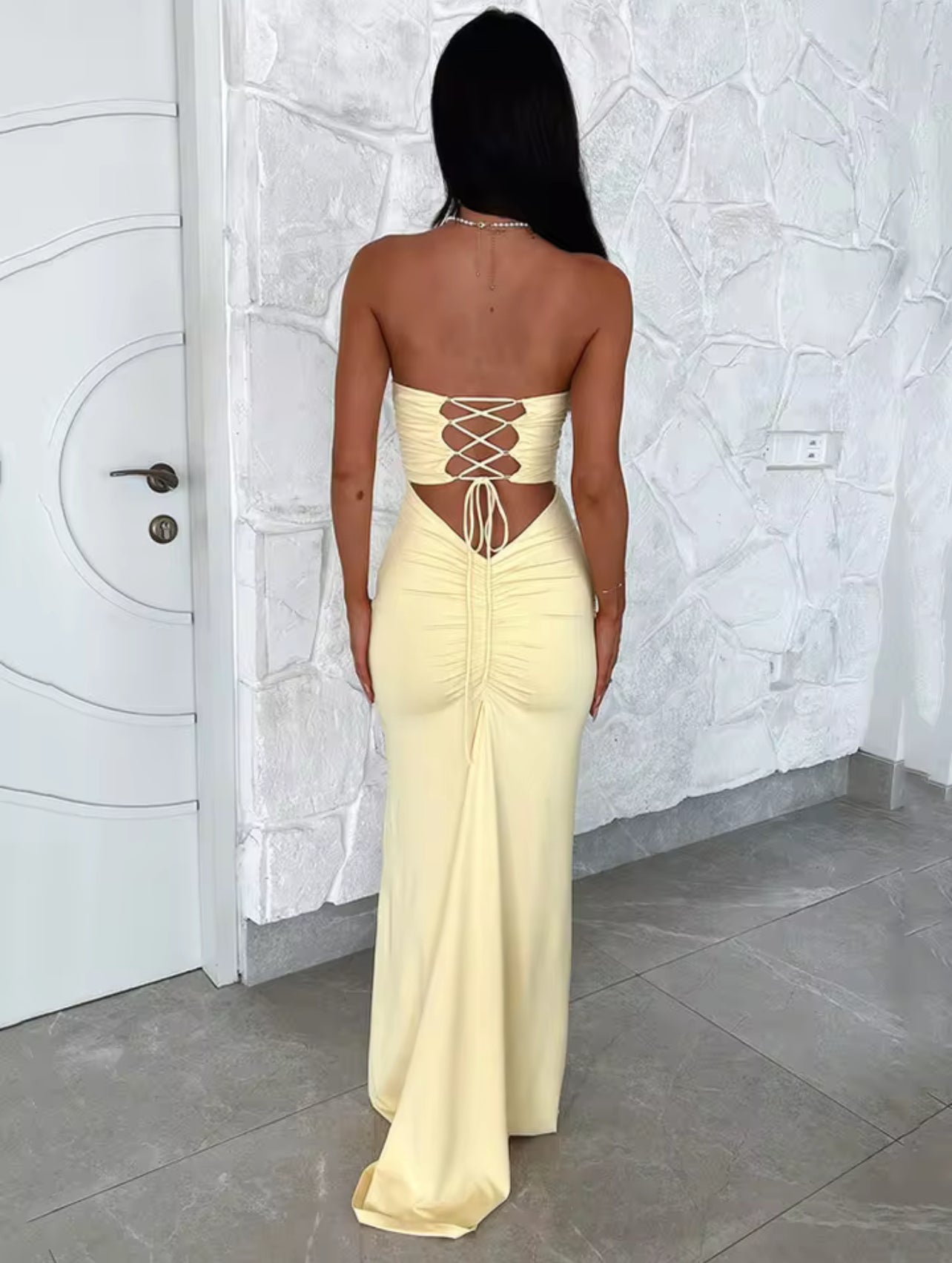 Light yellow - beautiful long dress with detailed back - back