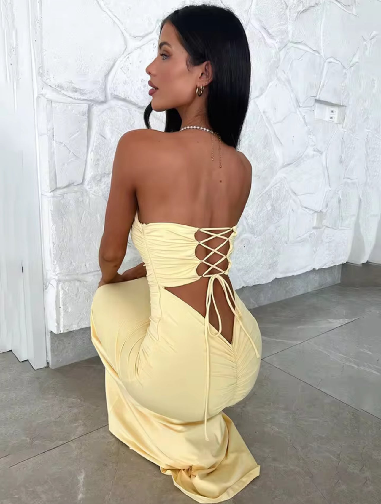 Light yellow - beautiful long dress with detailed back - back